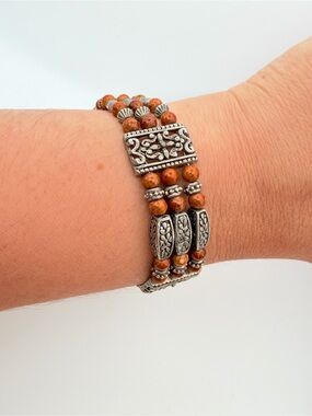 Boho Multi Strand Beaded Bracelet Silver Tone Rusty Orange Beads